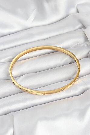 Dodes 316L Çelik Gold Renk Zirkon Taşlı 65 mm İnce Kadın Kelepçe Bileklik TG27BB7914