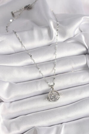 Dodes 316L Çelik Gümüş Renk Zincir Zirkon Taşlı Yıldız Detay Gezegen Model Kadın Kolye TG27BKO9643