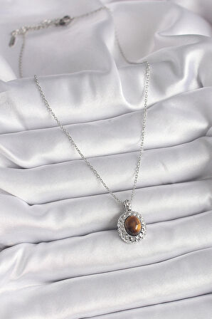 Dodes Dodes 316L Çelik Gümüş Renk Zincir Kehribar Boncuk Model Kadın Kolye TG27BKO9491