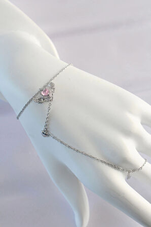 Dodes 316L Çelik Gümüş Renk Pembe Zirkon Taşlı Kanatlı Kalp Model Şahmeran TG27SN584