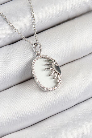 Dodes 316L Çelik Zirkon Taşlı Yarım Güneş Model Gümüş Renk Kadın Kolye TG27BKO10344