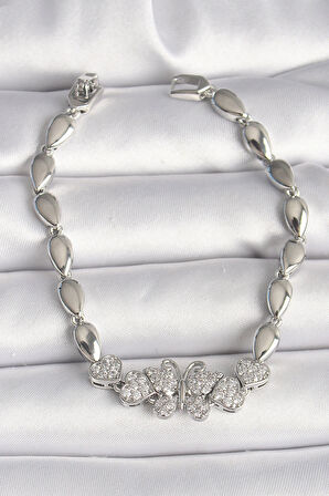 Dodes Dodes Pirinç Gümüş Renk Zirkon Taşlı Kelebek Figür Damla Zincir Model Kadın Bileklik TG27BB6841