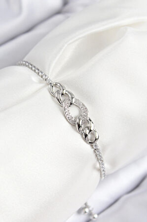 Dodes Pirinç Zirkon Taşlı Zincir Model Gümüş Renk Asansörlü Kadın Bileklik TG27BB7734