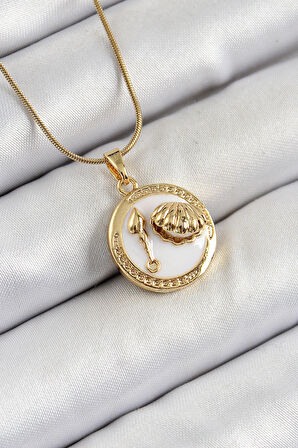 Dodes Dodes 316L Çelik Zincir Beyaz Mineli Sanatsal Portre İstiridye Model Gold Renk Kadın Kolye TG27BKO10267