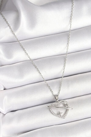 Dodes 316L Çelik Gümüş Renk Zincir Zirkon Taşlı Kalp Model Yıldız Detay Kadın Kolye TG27BKO9860