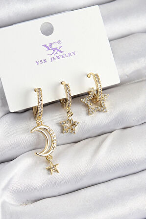 Dodes Pirinç Zİrkon Taşlı Ay Ve Hilal Model Gold Renk 3'lü Kadın Küpe TG27BKP10942