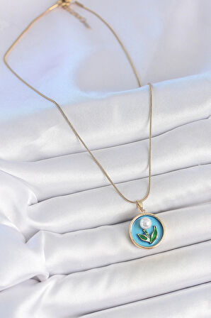 Dodes Dodes 316L Çelik Gold Renk Zincir Mavi Mineli İncili Çiçek İşlemeli Portre Model Kadın Kolye TG27BKO10191