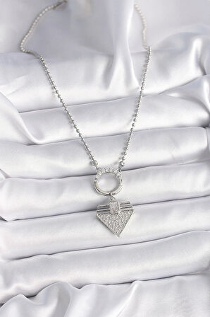 Dodes 316L Çelik Gümüş Renk Topçuk Zincir Zirkon Taşlı Üçgen Model Kadın Kolye TG27BKO9574