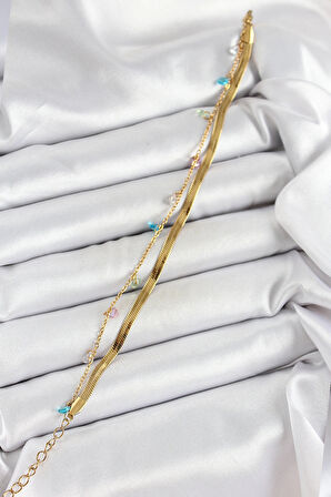 Dodes Dodes 316L Çelik Gold Renk Karışık Renkli Kristal Taşlı 2'li Kadın Bileklik TG27BB7093