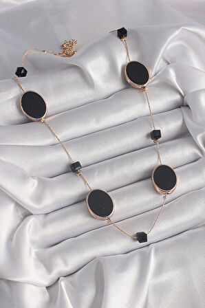 Dodes Dodes Pirinç Gold Renk Siyah Renk Oval Siyah Küp Detay Kadın Kolye TG27BKO9625