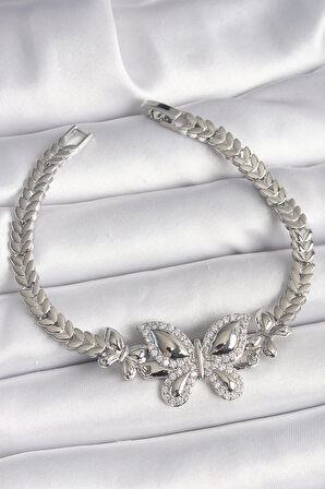 Dodes Pirinç Gümüş Renk Zirkon Taşlı Kelebek Model Kadın Bileklik TG27BB6815