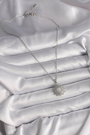 Dodes 316L Çelik Gümüş Renk Zincir Beyaz Mineli Güneş Model Kadın Kolye TG27BKO9719