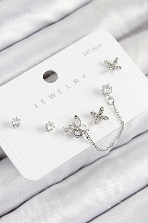 Dodes Pirinç Zirkon Taşlı Kelebek Model Gümüş Renk 925 Ayar Gümüş Çivi Kadın Küpe Set TG27BKP11181