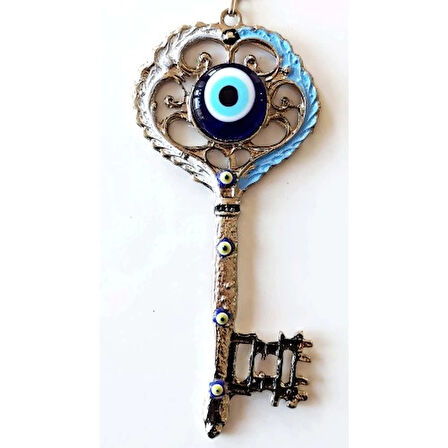 Dodes Gümüş Kaplama Nazar Boncuklu Beyaz Ve Mavi Nostaljik Anahtar Şekilli Duvar Süsü