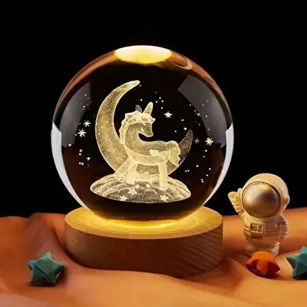 Dodes Unicorn Ay Figürlü Işıklı Ahşap Altlıklı Kar Küresi (8 cm)