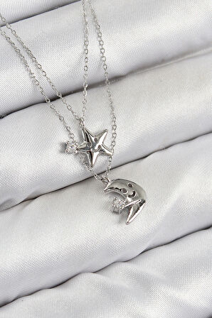 Dodes Dodes Pirinç Zirkon Taşlı Yıldız Ve Ay Model Gümüş Renk Kadın Kolye TG27BKO10423