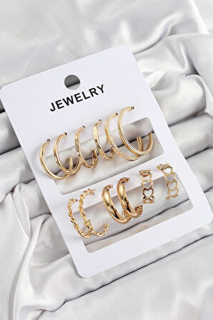 Dodes Pirinç Karışık Halka Model Gold Renk 6 Çift Kadın Küpe Set TG27BKP10887