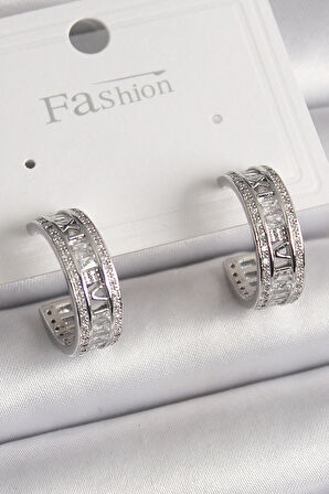 Dodes Pirinç Gümüş Renk Zirkon Taşlı İşleme Detay Halka Model Kadın Küpe TG27BKP9914