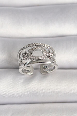 Dodes Dodes Pirinç Gümüş Renk Ayarlanabilir Zirkon Taşlı Gemici Düğüm Model Kadın Yüzük TG27BYK3584