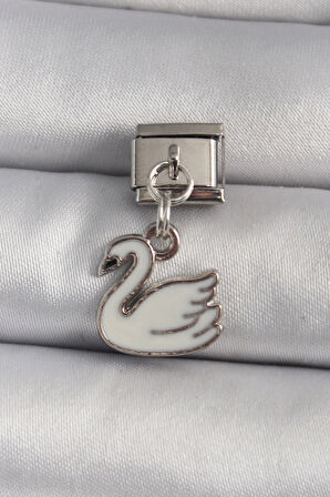 Dodes 316L Çelik Gümüş Renk Sallantı Beyaz Kuğu Model Nomination Charm TG27BC1160