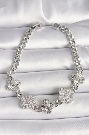 Dodes Dodes Pirinç Gümüş Renk Zincir Yonca Model Kadın Bileklik TG27BB6837