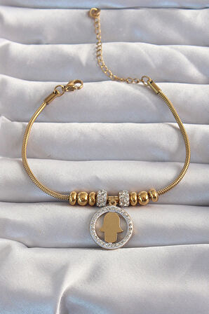 Dodes 316L Çelik Gold Renk Zirkon Taş Aksesuarlı Fatma Ana Eli Bileklik TG27BB6233