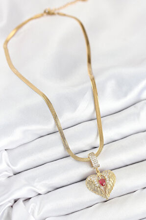 Dodes 316L Çelik Zirkon Taşlı Kanatlı Kalp Model Gold Renk Kadın Kolye TG27BKO10533