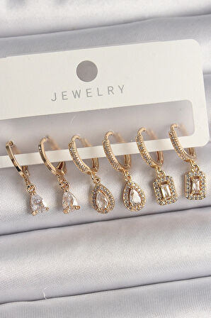 Dodes Dodes Pirinç Gold Renk Sallantı Zirkon Taşı Damla Model Kadın Küpe Seti TG27BKP10120