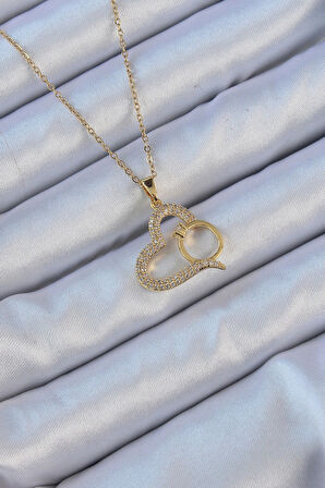 Dodes Dodes 316L Çelik Zincir Altın Renk Zirkon Taşlı Yüzüklü Kalp Kolye TG27BKO9145