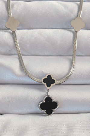 Dodes Dodes 316L Çelik Gümüş Renk İtalyan Zincirli Mineli Yonca Kolye TG27BKO8970