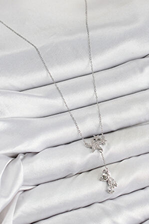 Dodes Dodes Pirinç Zirkon Taşlı Sallantılı Ayıcıklı Yıldız Model Gümüş Renk Kadın Kolye TG27BKO10419