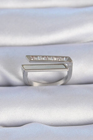 Dodes Dodes Pirinç Gümüş Renk Zirkon Taşlı Beyaz Sedef Detay Kadın Yüzük TG27BYK3349