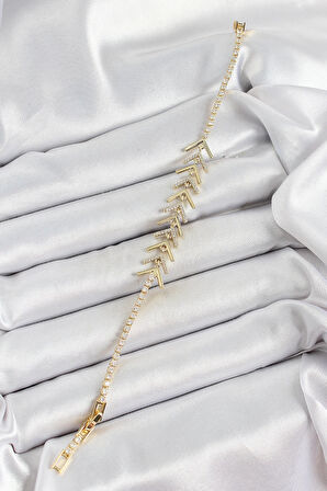 Dodes Pirinç Gold Renk Zirkon Taşlı Balık Sırtı Kadın Bileklik TG27BB7068