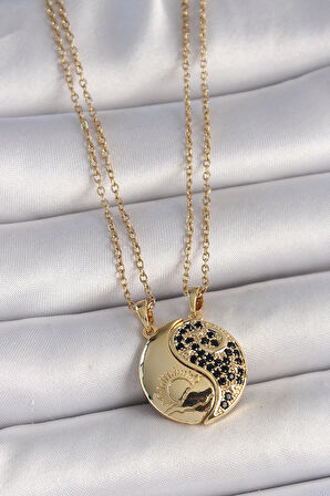 Dodes 316L Çelik Gold Renk Zincir Zirkon Taşlı Ying Yang Model Gün Batımı İşlemeli Arkadaşlık Kadın Kolye TG27BKO10029