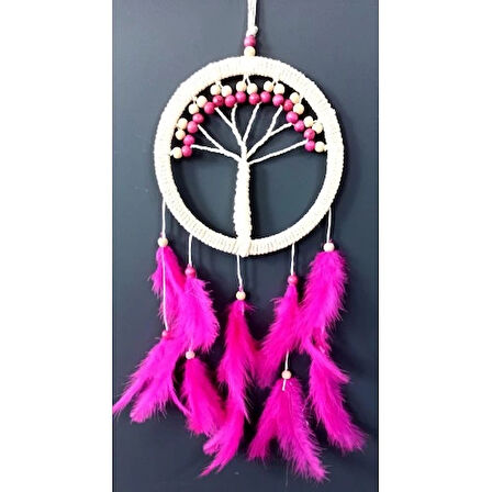 Dodes Fuşya Kuş Tüylü Hayat Ağacı Düş Kapanı Dream Catcher Duvar Süsü