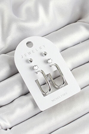 Dodes Pirinç Zirkon Taş Ve Dikdörtgen Figürlü Gümüş Renk 3'lü Çift Kadın Küpe Set TG27BKP10645