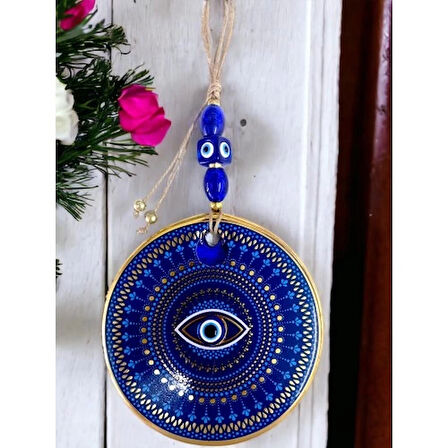 Dodes Mavi Camlı Nazar Boncuklu Göz Motifli Duvar Süsü Mavili Sarılı Duvar Dekoru