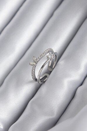 Dodes Dodes Pirinç Gümüş Renk Zirkon Taşlı Kelebek Model Kadın Yüzük TG27BYK3851