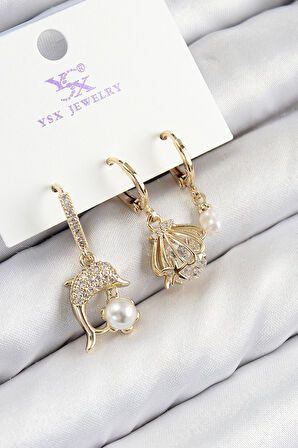 Dodes Dodes Pirinç Zirkon Taşlı 3'lü Yunus Balığı Ve İstiridye Model Gold Renk Kadın Küpe TG27BKP11139