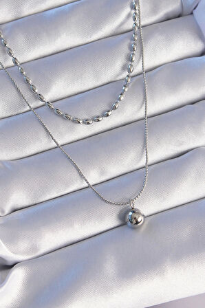 Dodes 316L Çelik Çift Zincirli Gümüş Renk Topçuk Model Kolye TG27BKO8881