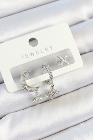 Dodes Dodes Pirinç Zirkon Taşlı Çiçek Ve Ay Model Gümüş Renk 3'lü Çift Kadın Küpe Set TG27BKP10804