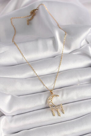 Dodes 316L Çelik Gold Renk Zincir Zirkon Taşlı Hilal Model Sallantı Yaprak Detay Kadın Kolye TG27BKO9650