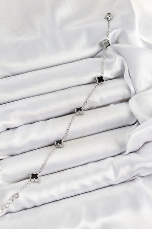 Dodes Dodes 316L Çelik Siyah Sedef Yonca Model Gümüş Renk Kadın Bileklik TG27BB7360