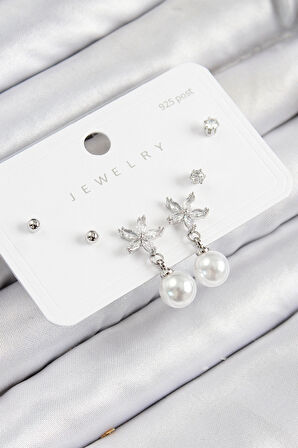 Dodes Pirinç Zirkon Taşlı İnci Sallantılı Çiçek Model Gümüş Renk 925 Ayar Gümüş Çivi Kadın Küpe Set TG27BKP11176