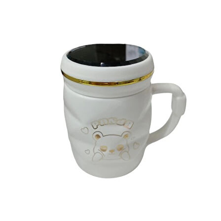 Dodes Ayna Kapaklı Panda Desenli Porselen Kupa Bardak Beyaz Kupa Bardak