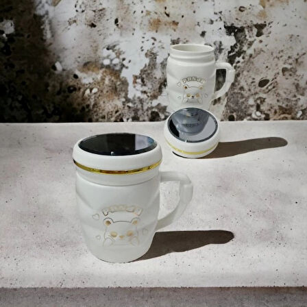 Dodes Ayna Kapaklı Panda Desenli Porselen Kupa Bardak Beyaz Kupa Bardak