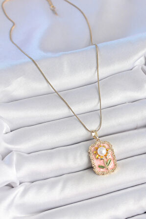 Dodes Dodes 316L Çelik Gold Renk Zincir Pembe Mineli İncli Papatya Model Portre Model Kadın Kolye TG27BKO10197