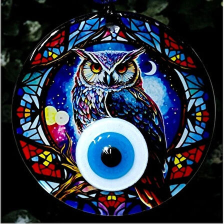 Dodes Baykuşlu Gece Desenli 12 Santimetre Füzyon Cam Duvar Süsü