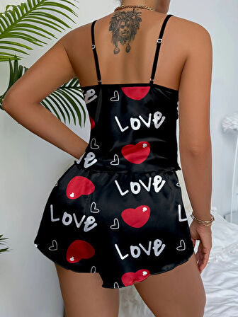 Dodes Aşk Temalı Kalp Desenli Siyah Saten Şortlu Gecelik Takım