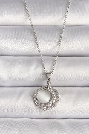 Dodes 316L Çelik Gümüş Renk Zirkon Taşlı Beyaz Sedefli Hilal Model Kadın Kolye TG27BKO9702